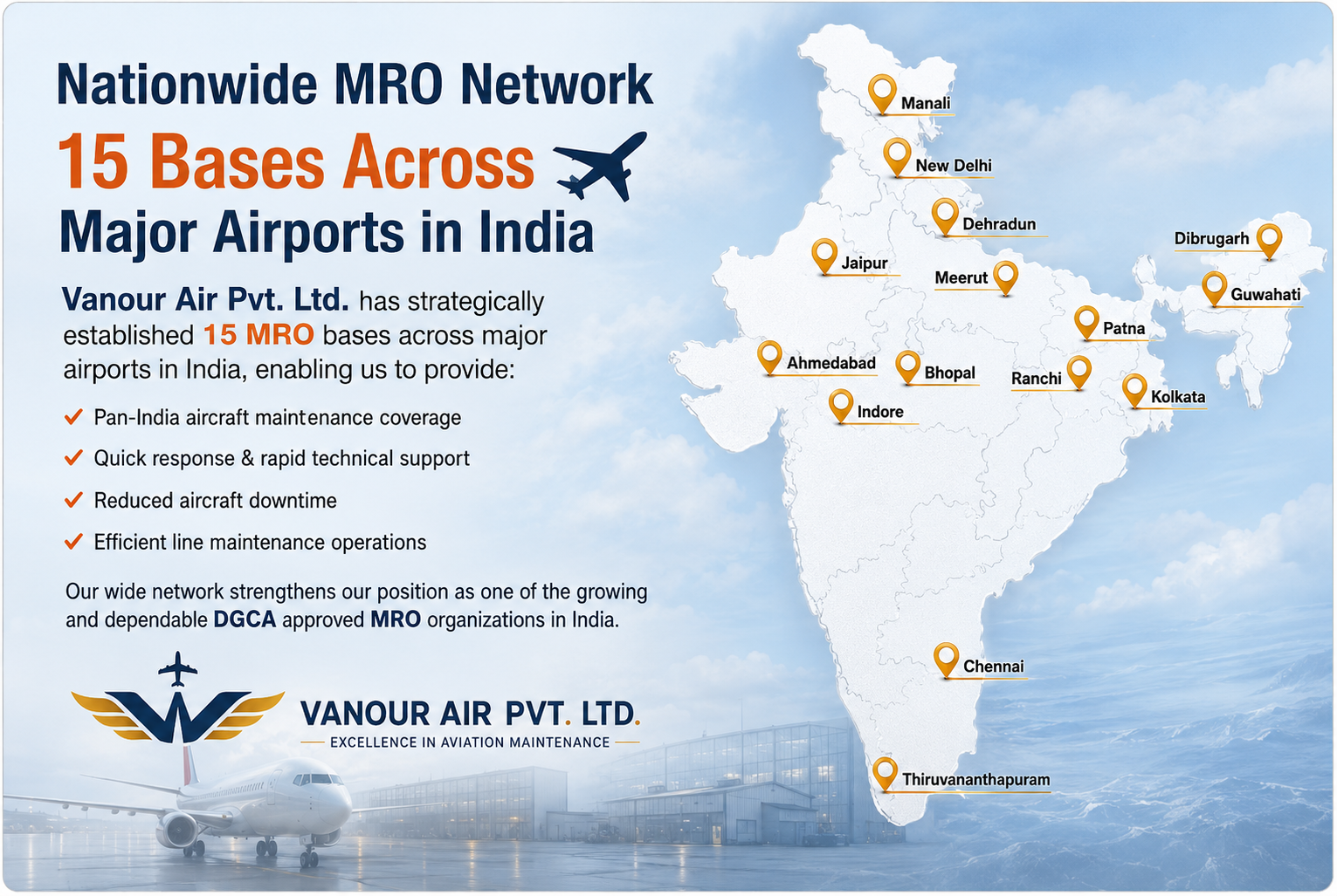 Vanour Air Pvt Ltd maintenance and MRO network across major airports in India