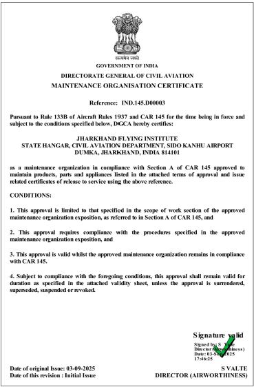 DGCA Maintenance Training and Examination Organisation Approval Certificate - Vanour Air Pvt Ltd